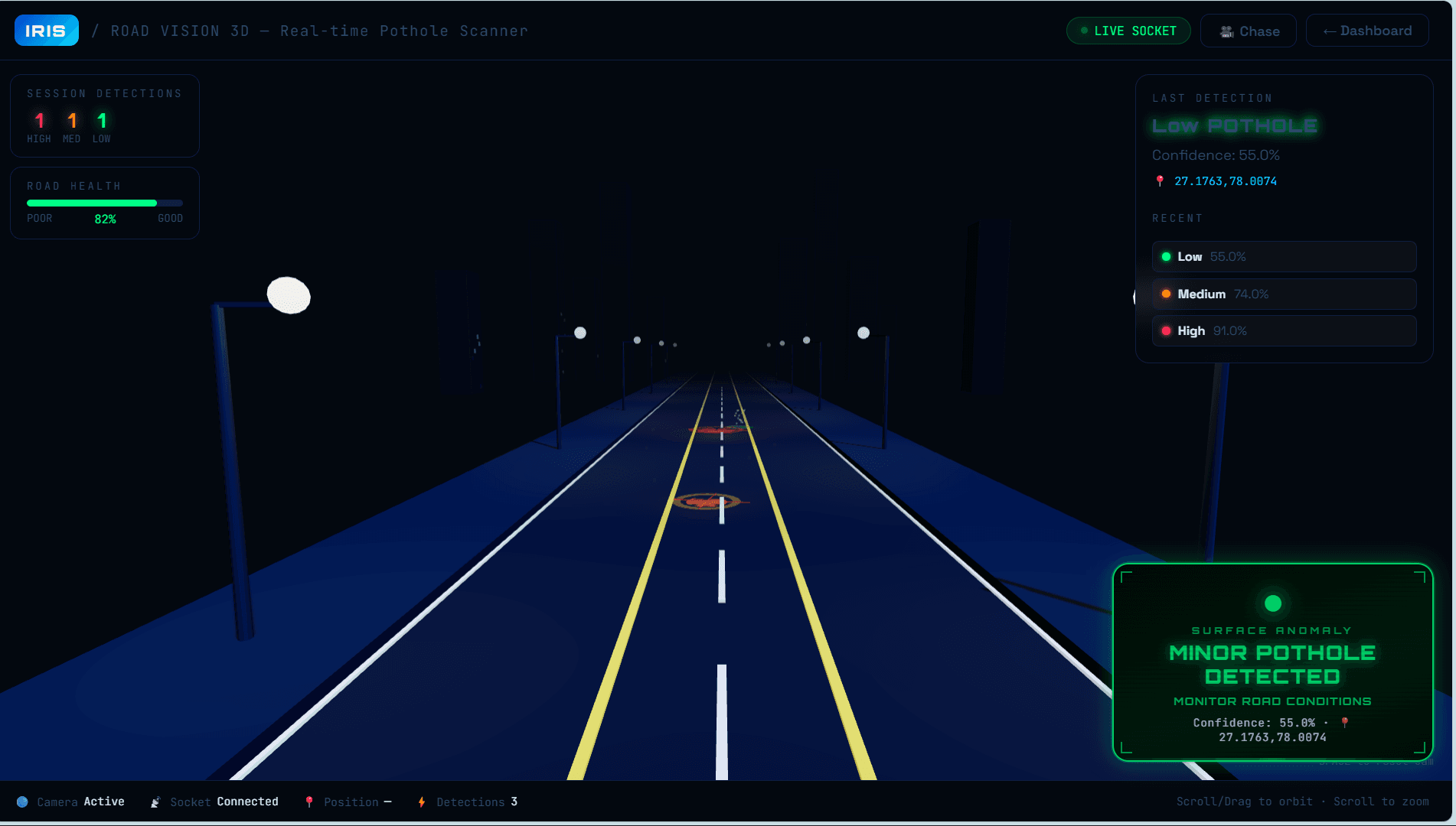 Road Vision 3D — real-time pothole scanner with live confidence scoring and geotagging