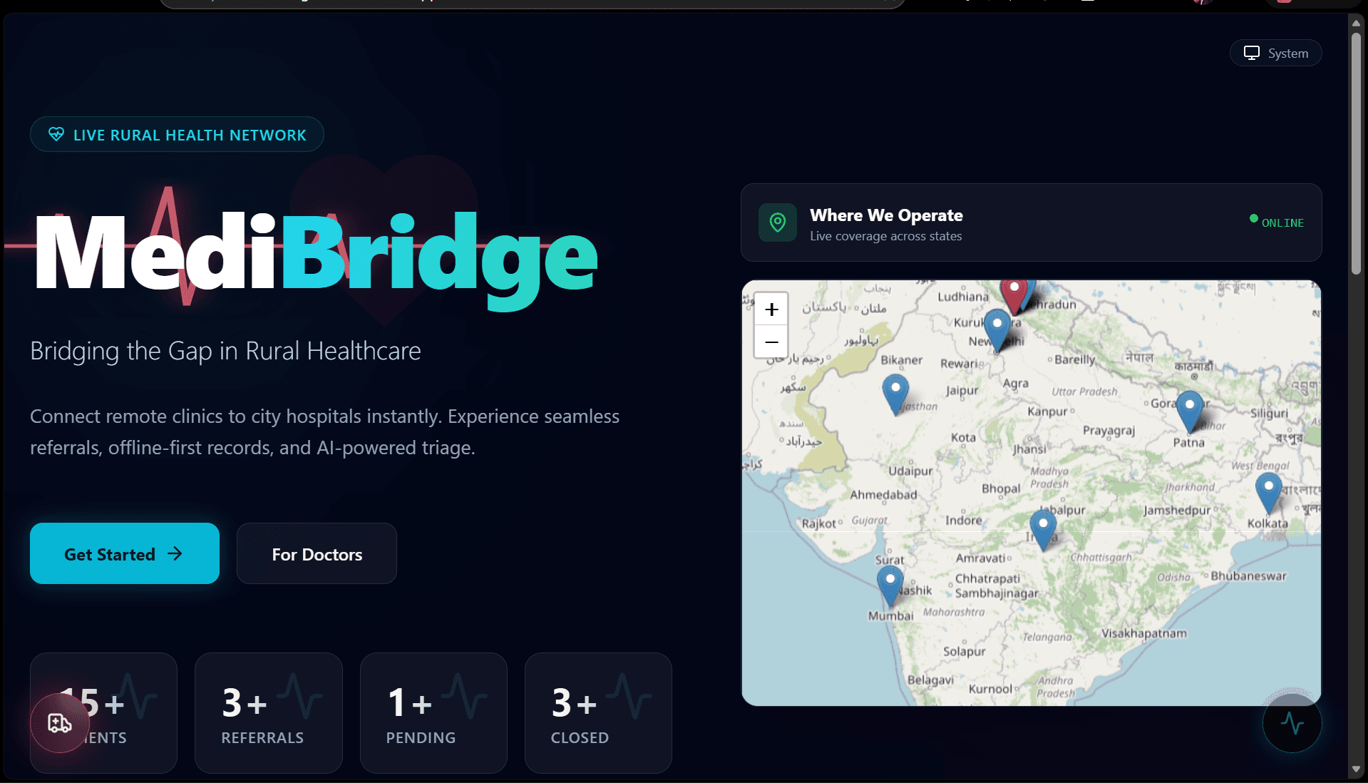 Facility Map — real-time geolocation layout matching nearest specialists, pharmacies, and labs