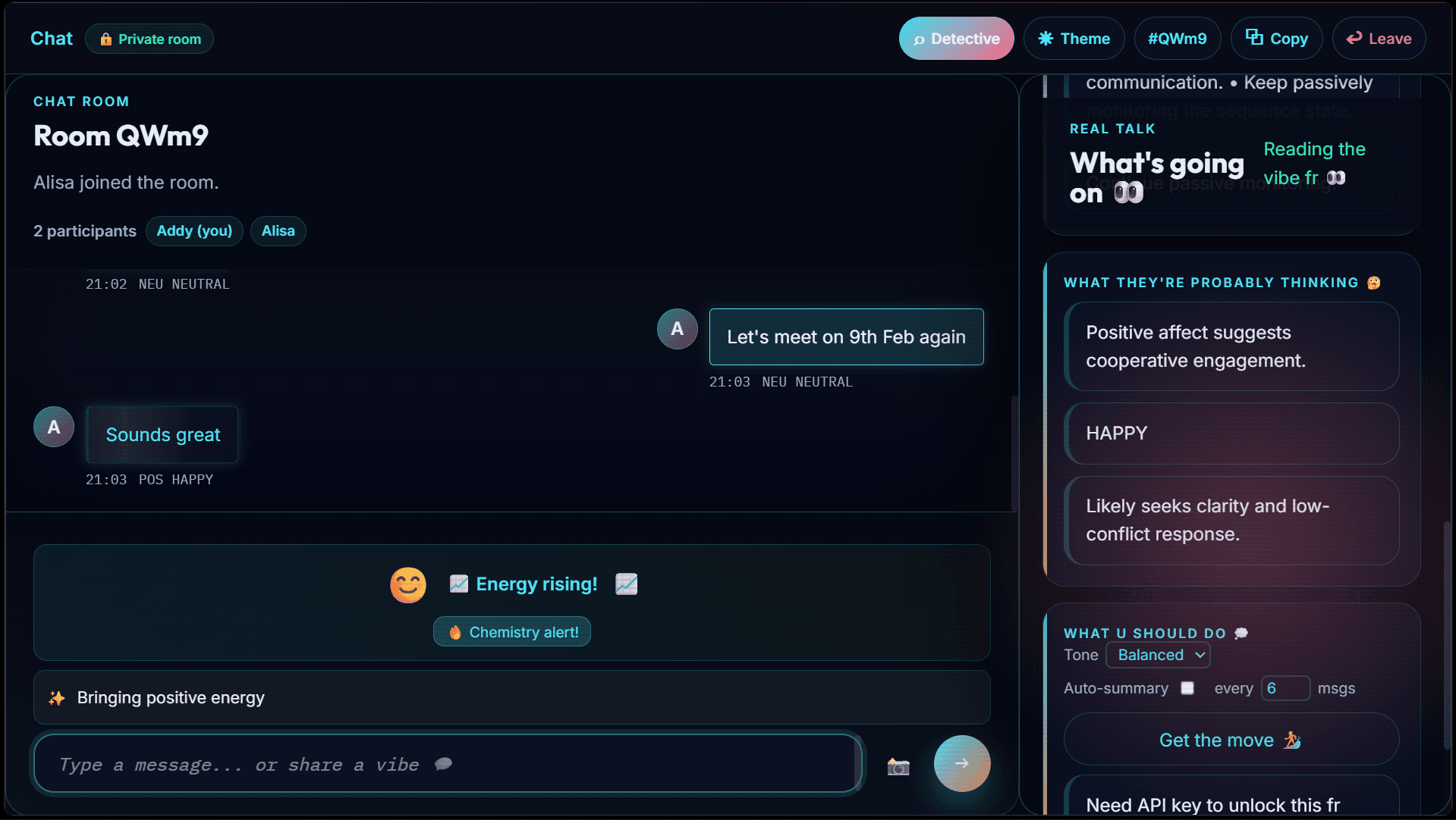 Interactive Chat Room — ephemeral workspace showing real-time vibe-check atmosphere transitions